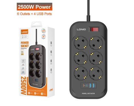 Produzni kabl LDNIO SE6403C 6 uticnica 2X USB,2X PD 2m crni.