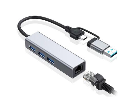 Adapter Type C - USB 3.0 JWD na LAN, 3x USB 3.0 4 u 1 sivi.