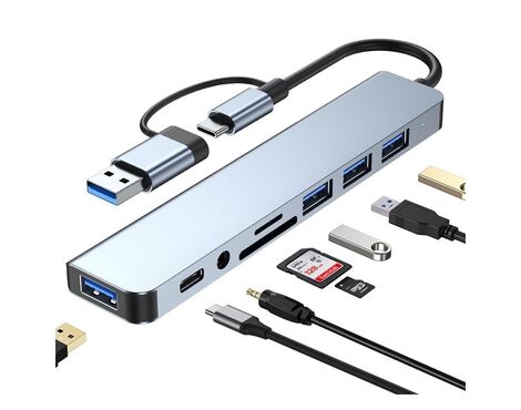 Adapter Type C - USB 3.0 JWD na 3x USB 2.0, PD, 3.5mm, SD, TF, USB 3.0 8 u 1 sivi.