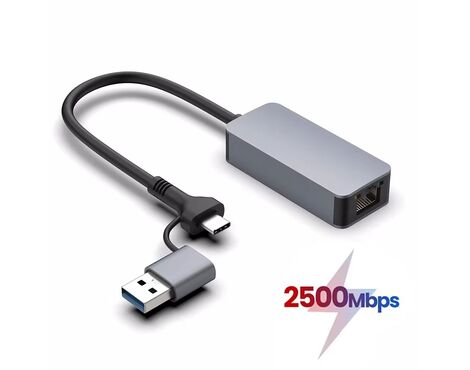 Adapter Type C - USB 3.0 JWD na 2.5Gbps Gigabitni LAN sivi.
