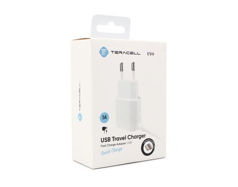 Kucni punjac Teracell Evo USB1 1A sa iPhone lightning kablom beli.
